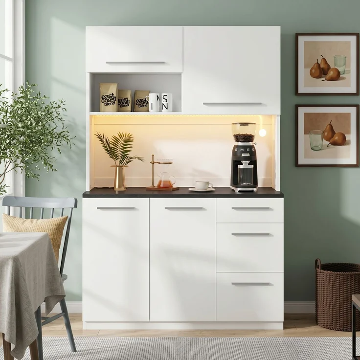 Buffetschränke, Esszimmer-Hochschrank 120×40×180 cm, mehrstufigem Stauraum, integrierter Steckdose sowie USB-C- und USB-A-Anschlüssen,Mit farbigem Lichtstreifen, Weiß – Bild 4