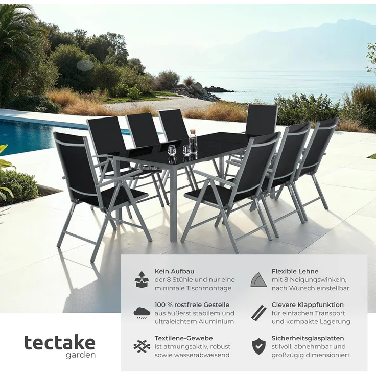 tectake® Aluminium Sitzgruppe 8+1, Gartenmöbel Set mit Stuhl und Tisch, klappbare Gartenstühle, Gartentisch mit Sicherheitsglas, wetterfeste Terrassenmöbel, für Garten Terrasse Balkon - anthrazit – Bild 2