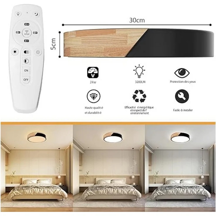 POPOLIC LED Deckenleuchte 24-W-moderne Leuchte, Deckenleuchte Holz, dimmbare Decke 3000k-6000k, ferngesteuerte LED-Deckenleuchte, für Wohnzimmer und Flur, Schwarz – Bild 3