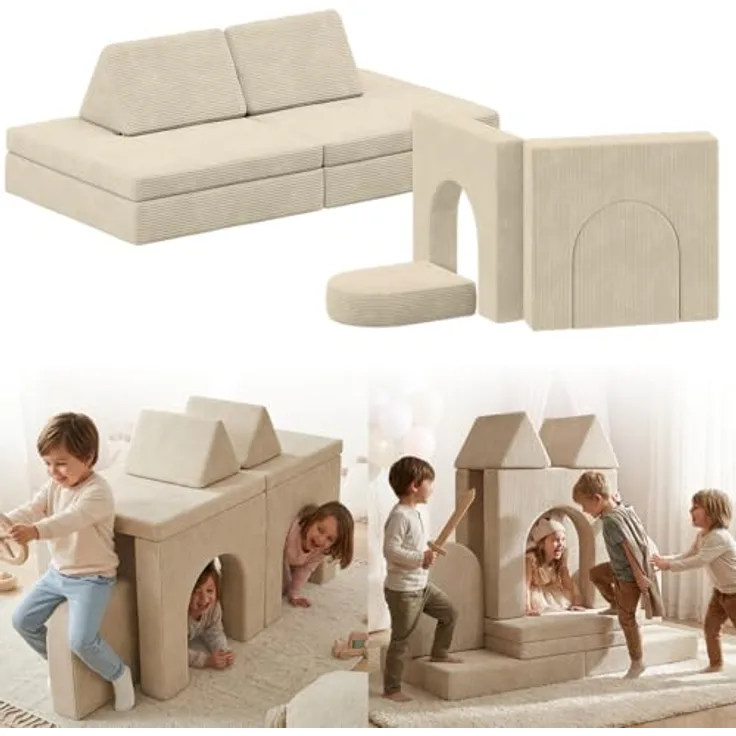 Bellabino 'Nile' Spielsofa mit Toren, 8-tlg, Cord, beige, faltbare Kindercouch, abnehmbarer & waschbarer Bezug, Kindersofa aus Schaumstoff