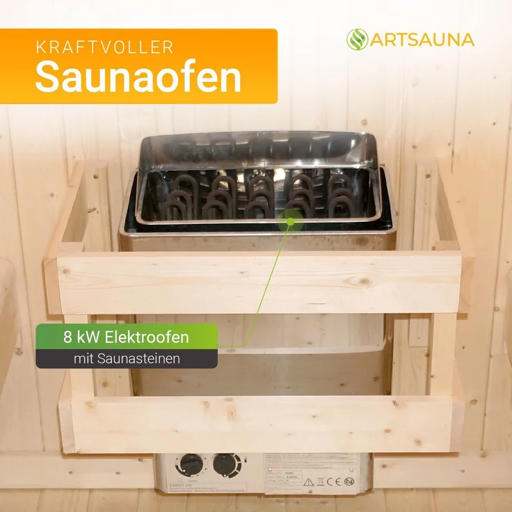 Artsauna Fasssauna Nolvik XL, Outdoor-Sauna aus Fichtenholz, 8 kW Ofen, LED, Komplettset mit Sanduhr, Eimer & Thermometer, winterfest, Cube Design – Bild 5