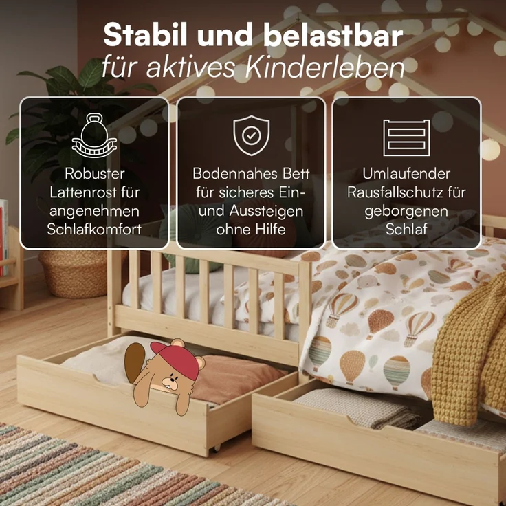 Bellabino 'Bia' Hausbett 140x200 cm mit Matratze und 2 Schubladen, natur, Kiefer Massivholz, Montessori Kinderbett mit Stauraum, inkl. Rausfallschutz und Lattenrost – Bild 3
