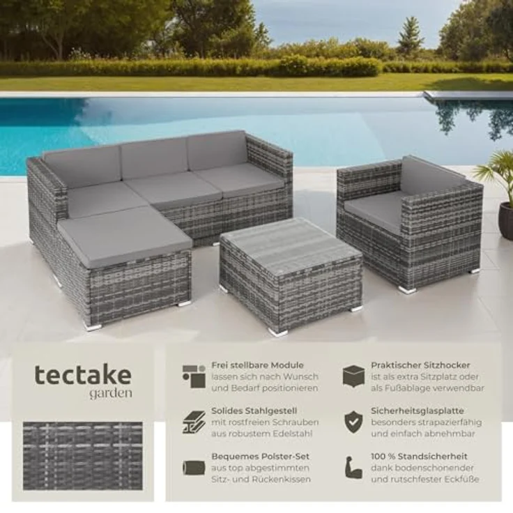 tectake® Poly Rattan Lounge, Outdoor Gartenmöbel Set mit Sofa, Sessel, Hocker und Tisch, variabel kombinierbar, Möbel wetterfest für 4-5 Personen, Balkonmöbel, Gartenlounge, Terrassenmöbel - grau – Bild 3