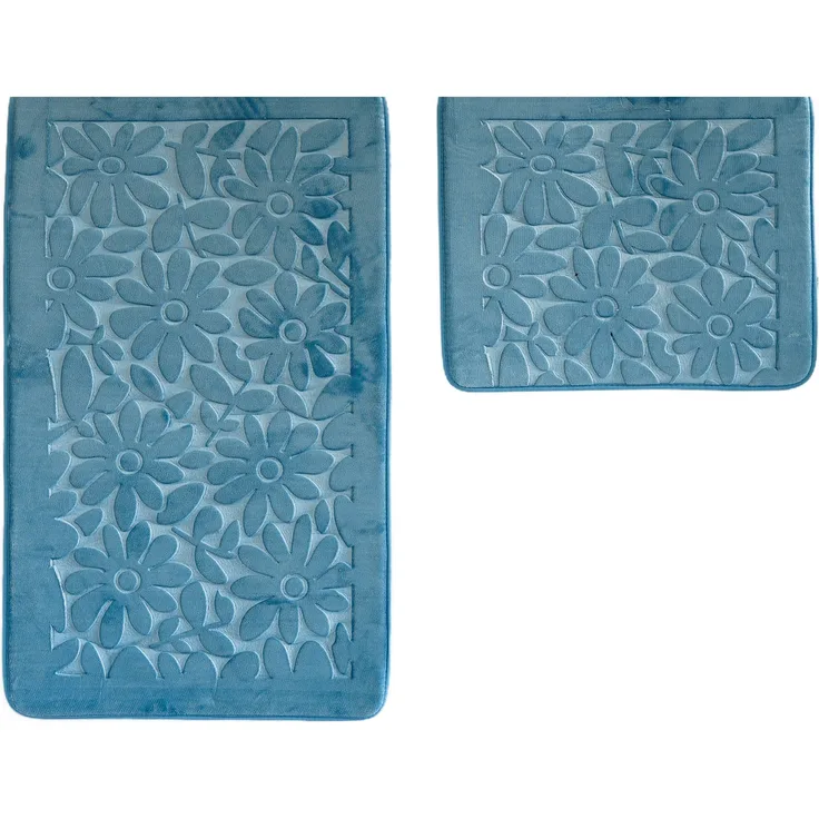 Almina Premium 2 teiliges Bademattenset aus Polyester Rutschfest Waschbar mit Blumenmotiv Blau