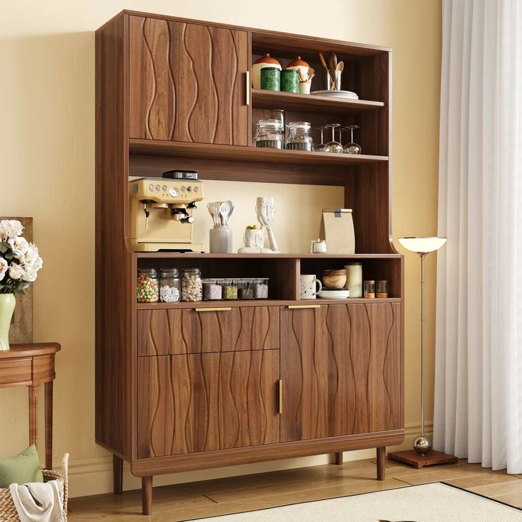 Sideboard,Hochschrank Küchenschrank Buffet Schrank Stauraumschrank mit Schublade Türen offene Regale MDF PB Holzschrank mit Massivholz Füßen--Nussbaum--100x32x170cm--YOUDENOVA – Bild 10