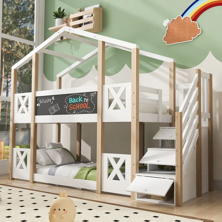 Etagenbett 90 x 200 cm,Kinderbett Baumhaus mit Treppe Stauraum und Rausfallschutz, Hochbett für Kinder– 2x Lattenrost- Natur & Weiß – Bild 1