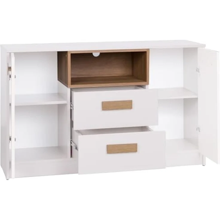 Marmex Möbel Grant Set-S Jugendzimmer-Set 2-teilig mit Kleiderschrank mit Kleiderstange, Kommode mit Schubladen, Jugendzimmer, Wohnzimmer, laminierte Spanplatte, weiß+riviera Eiche, 197,5x195x55 cm – Bild 3