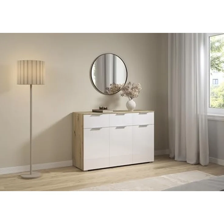 Rauch Möbel Alabama, Kommode für Schlafzimmer, Kinderzimmer, Garderobe, Flur, 3-türig, mit 3 Schubladen, SOFT-CLOSE-Fuktion, Farbe Weiß Hochglanz/Eiche Artisan, Holz, Griff Alufarben, Maße 120 x 81 x 42 cm – Bild 2