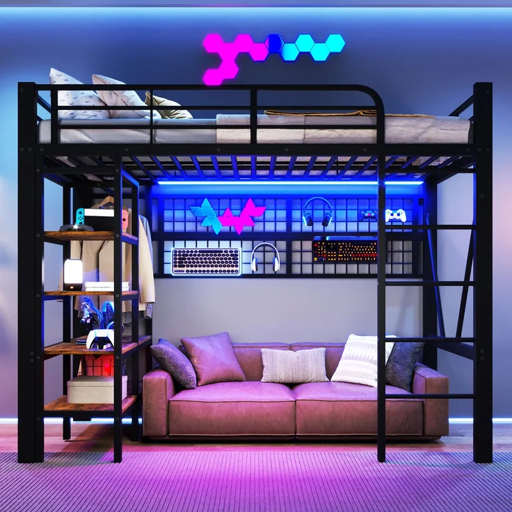 EINHOM Hochbett, 90 x 200 cm, Eisenrahmen, Ablagefach, Netz zum Aufhängen von Gegenständen, mit Kleiderstange, Offener Raum unter dem Bett, mit LED-Lichtleiste, Schwarz (Ohne Matratze) – Bild 3