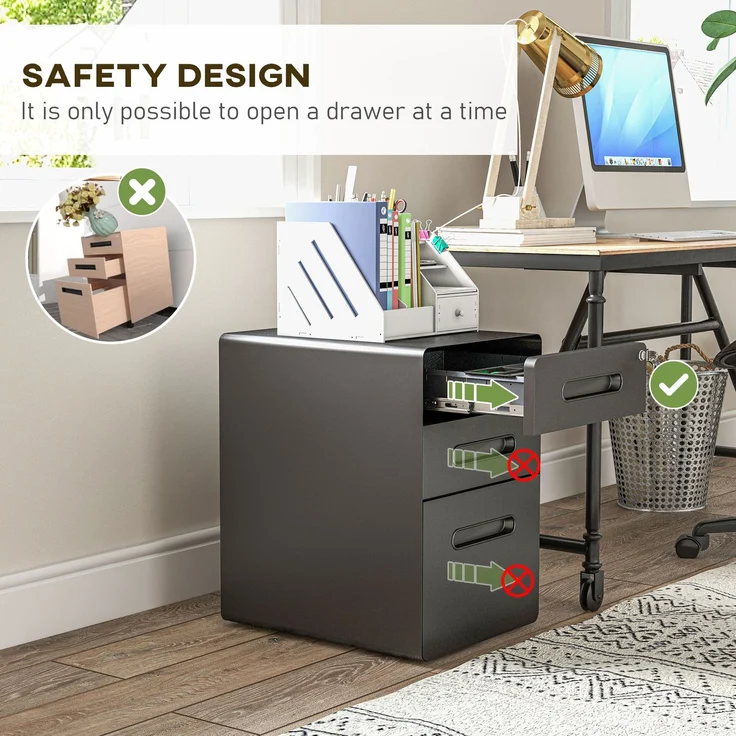 Rollcontainer mit 3 Schubladen mobiler Aktenschrank mit Rollen abschließbar Büroschrank mit Hängeregistratur Stiftfach, Bürocontainer Schreibtisch Unterschrank für Büro 39x48x59cm Schwarz--Schwarz--59x48x39cm--YOUDENOVA – Bild 10