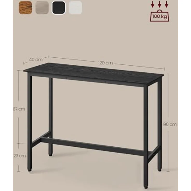 Vasagle Bartisch, Küchentisch, Küchentresen, rechteckiger Stehtisch, Metallgestell, 40 x 120 x 90 cm, einfacher Aufbau, schmal, Industrie-Design, ebenholzschwarz-tintenschwarz LBT120B56 – Bild 4