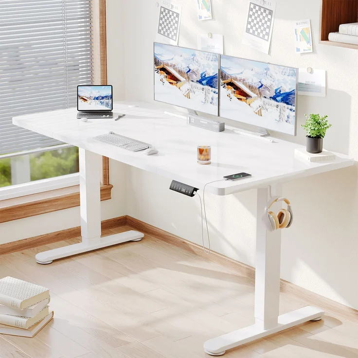 Elektrisch höhenverstellbarer Schreibtisch, Memory-Funktion, USB-Anschluss, Kabelmanagement, Holzwerkstoff / Metall, Weiß, 160 x 80 cm, Höhe 72-118 cm – Bild 1