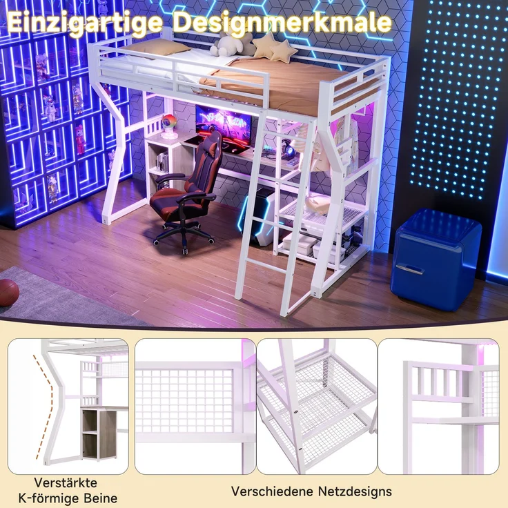 Hochbett 90x200 cm mit Eisenrahmen, LED-Lichtleiste, Steckdose, Kleideraufhängung, Schreibtisch und Staufächern, Weiß – Bild 7