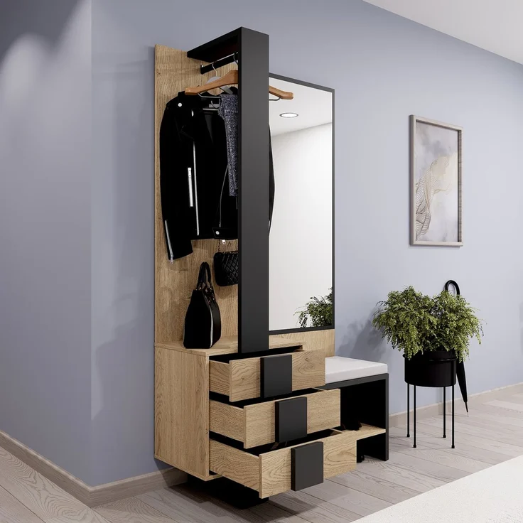 Carryhome 'SILENT' Garderoben-Set, Holznachbildung Eiche anthrazit, 115 x 200 x 41.6 cm, mit Spiegel und 3 Schubladen – Bild 9