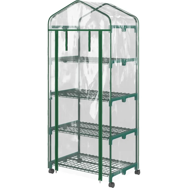 MELAYR, Gewächshaus für den Außenbereich mit Rädern, 4-stöckigen Regalen, 69 x 50 x 165 cm, Transparent+Grün – Bild 2