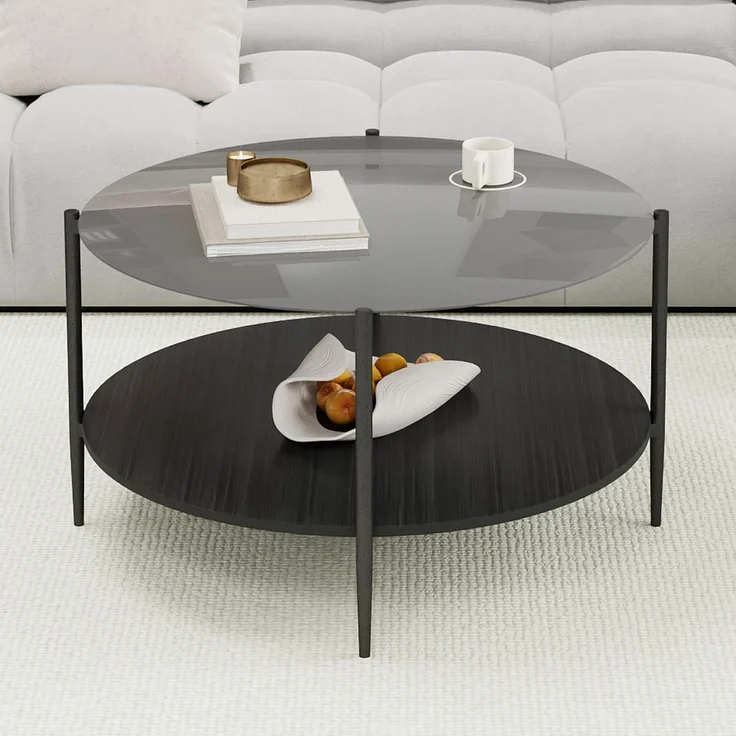 Couchtisch 82 x 82 x 45 cm, mit runder Tischplatte, mit Glastischplatte, aus Glas und Eisen und Holz, Schwarz – Bild 1