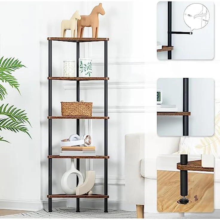 HOOBRO Eckregal mit 5 Ebenen, industrielles Eckregal Stehend, Bücherregal, Standregal, Eck-Bücherregal zur Präsentation von Pflanzenblumen, Aufbewahrungsregal für kleine Räume, Vintagebraun EBF33CJ01 – Bild 6
