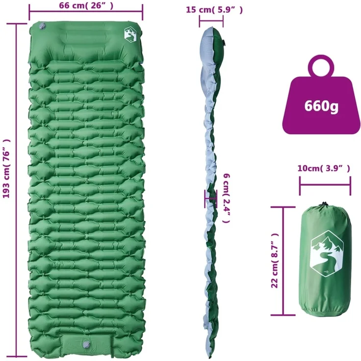 vidaXL Isomatte mit Integriertem Kissen Selbstaufblasend, 193 x 66 x 6 cm – Bild 6