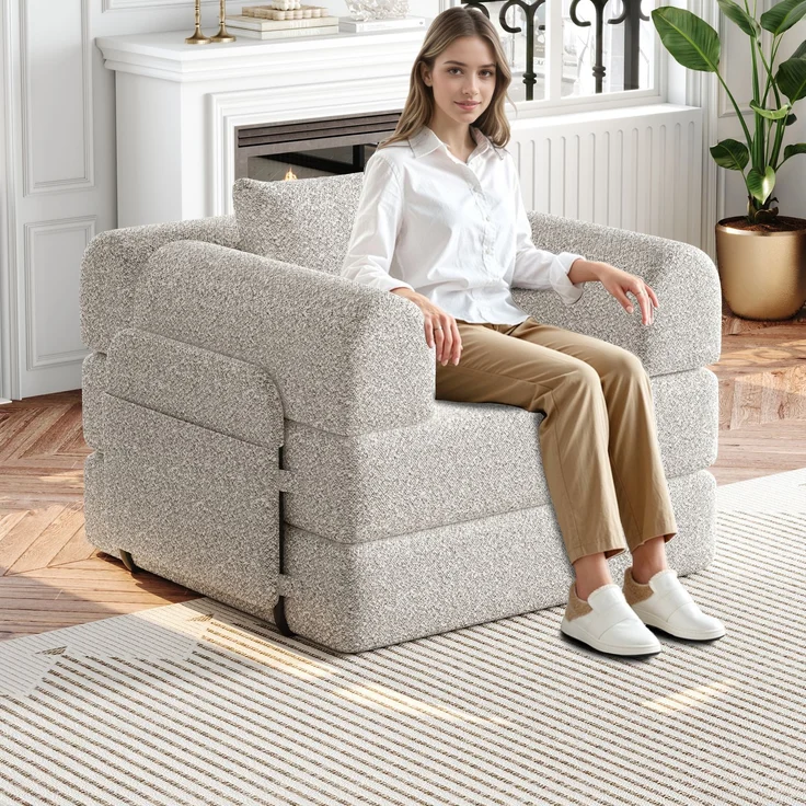 Schlafsofa mit Armlehnenfach & Stahlrahmen, umwandelbar Einzelsitz Sofa Bett mit rutschfester Unterlage,khaki – Bild 2