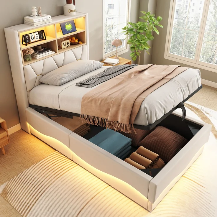 Merax Polsterbett, 90×200 cm Kinderbett, mit hydraulischem Stauraum, LED-Lichtband, USB-Ladeanschluss, Leinenpolsterung, Beige – Bild 1