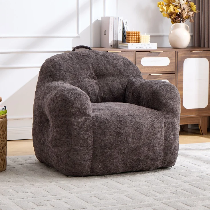 Sitzsack-Sessel aus Kunstfell mit Armlehnen, ergonomische Form, 95×95×79 cm, Dunkelgrau – Bild 1