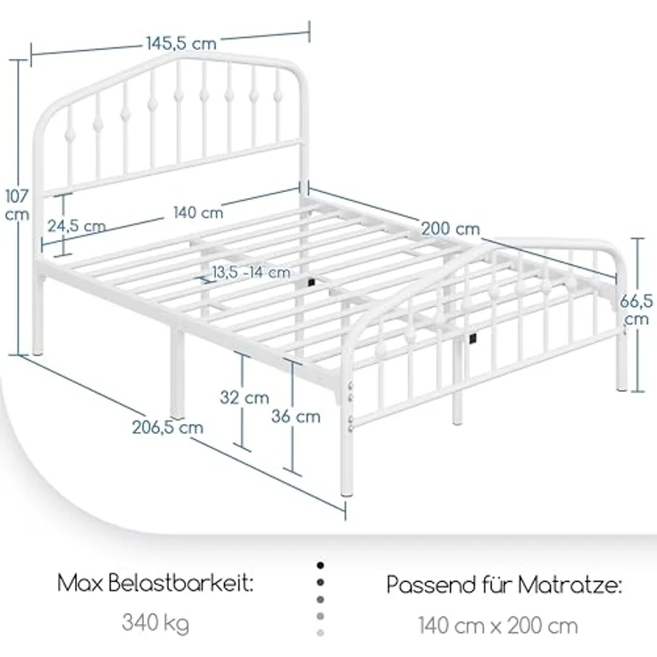 Yaheetech Bettrahmen 140 x 200 cm, Vintage Metallbett mit kronenförmigem Kopfteil, Stabiles Bettgestell Doppelbett aus Metall, Robust & Leichte Montage Gästebett Jugendbett Tagesbett, Weiß – Bild 3