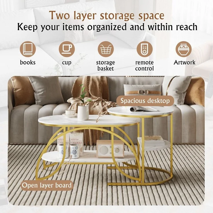 FUROKOY Couchtisch Beistelltisch Sofatisch wohnzimmertisch kaffeetisch 2er set (Runder Tisch Oval), Modern design Couchtisch mit gold beinen,Marmoroptik,Gold + Weiß – Bild 2