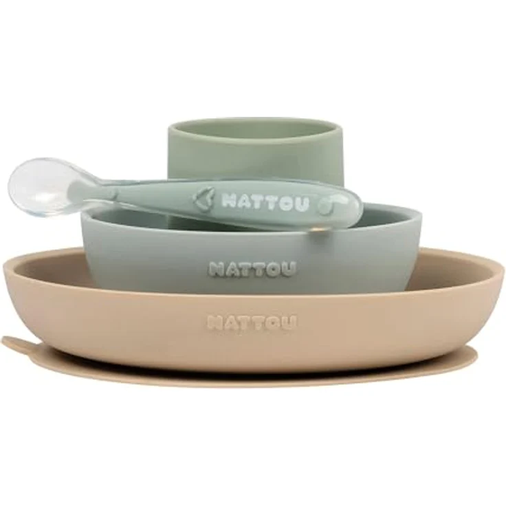 Nattou 4-tlg. Geschirr Set Silikon, BPA-frei, mit Saugnapf, Sand Green – Bild 1