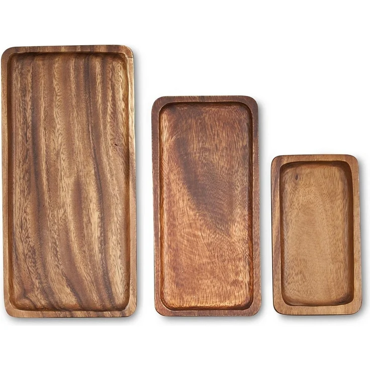 Levandeo® Dekotablett, 3er Set Tablett rechteckig Holz Akazienholz Holzschale Snackschale – Bild 1
