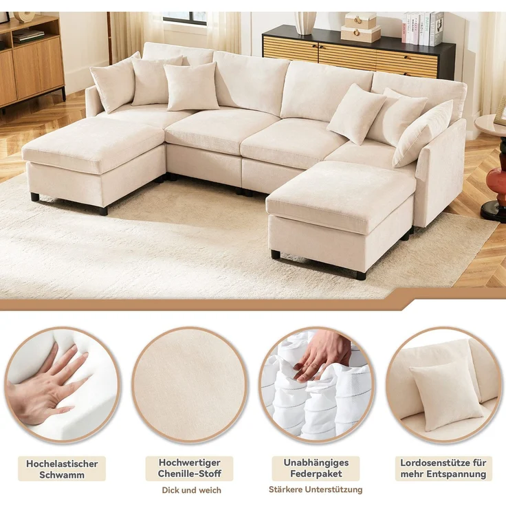 Big-Sofa mit Rückenkissen, Zierkissen und loser Kissen, 6-Sitzer Sofa, L-Form, U‑Form, Chenille Bezug – Bild 4