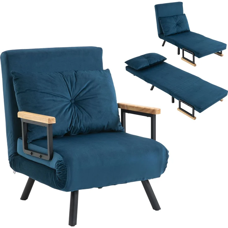 Rayofly-3-in-1 Schlafsofa, 5-fach verstellbare Rückenlehne, Holz Armlehnen und Kissen, Samtoptik Bezug, Blau, H 810cm x T 630cm x B 730cm – Bild 2