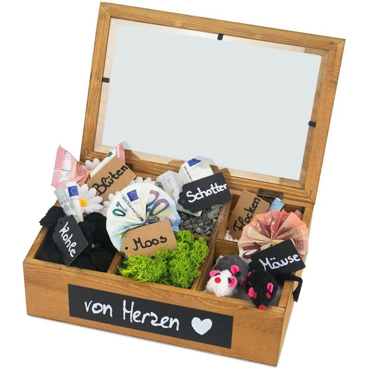 SURPRISA Geschenkbox Schotter-Schatulle Geldgeschenk, aus Pinienholz, 6 Fächer, Geschenk zur Hochzeit, Geburtstag usw. – Bild 3