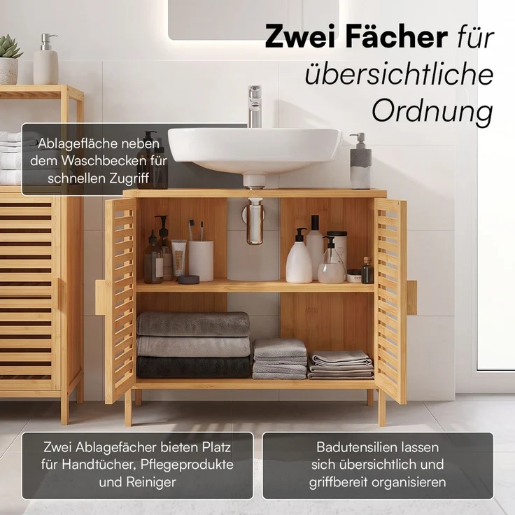 Bellamio 'Newa' Badezimmer Waschbeckenunterschrank, Bambus, natur, 60x33x65 cm, Badezimmerschrank mit 2 Ablagefächern, 2er-Set – Bild 4