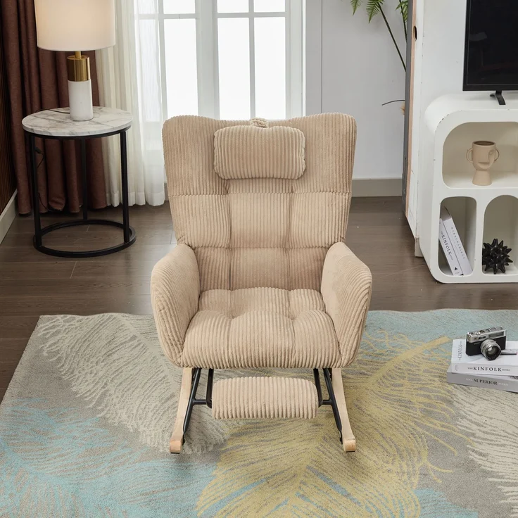 Schaukelstuhl aus Cordstoff in Braun mit hoher Rückenlehne, Beinstütze, Seitentasche, Relax Sessel für Wohnzimmer & Babyzimmer – Bild 6