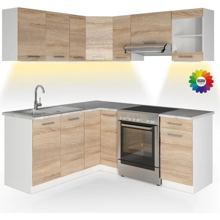 Eckküche R-Line Sonoma/Weiß 187 x 167 cm, AP Marmor mit LED-Leisten Vicco – Bild 1