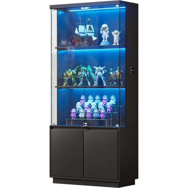 PEALOV Glasvitrine mit LED-Beleuchtung und Bewegungssensor (1-St) Vitrinenschrank mit Stauraum, 75 x 180 x 38 cm, Schwarz – Bild 3