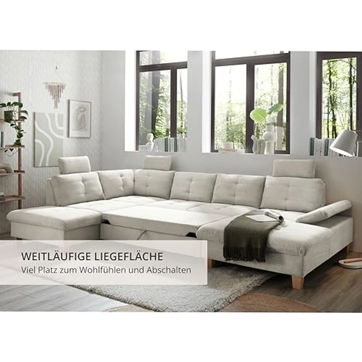 Wohnlandschaft Ascot mit Cord-Bezug und Schlaffunktion in Creme, U-Form inkl. Kopfstützen, Bettkasten und Verstellbarer Armlehne - 324 x 107 x 218 cm (B/H/T) – Bild 5