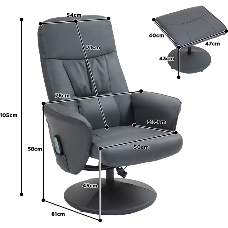 MELAYR, Massagesessel mit Fußhocker, Ergonomischer Stuhl mit 10 Vibrationspunkten, 76 x 81 x 105 cm, Dunkelgrau – Bild 5