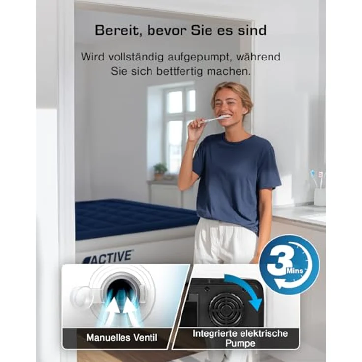 Active Era Luxus Doppel Luftbett – selbstaufblasendes Gästebett mit eingebauter, elektrischer Pumpe, integriertem Kissen und besonderer Luftträger Technologie - 203 x 152 x 56 cm – Bild 5