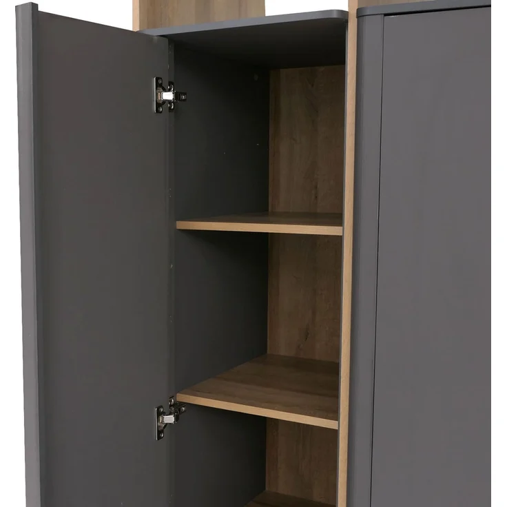 Schrank HWC-P43, Garderobenschrank Kleiderschrank Highboard 3 Türen MDF 200x120x55cm ~ Rivera-Eiche-Optik, dunkelgrau – Bild 4