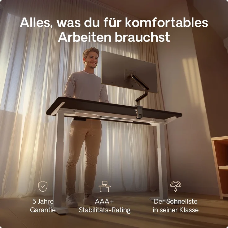 Desktronic HomeOne Elektrisch höhenverstellbarer Schreibtisch 160x80cm Weiß/Schwarz mit Memory-Funktion, Anti-Kollisions Technologie, USB-A und USB-C-Ladeanschlüssen – Bild 2