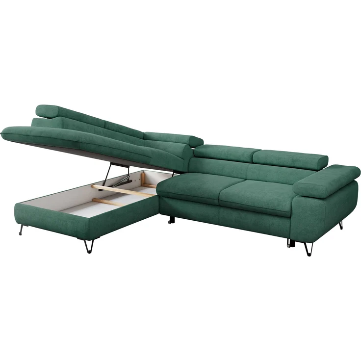 Mks Möbel 'Peter L-form' Ecksofa mit Bettfunktion, Bettkasten & einstellbaren Kopfstützen, Grün, Stoff, links – Bild 5