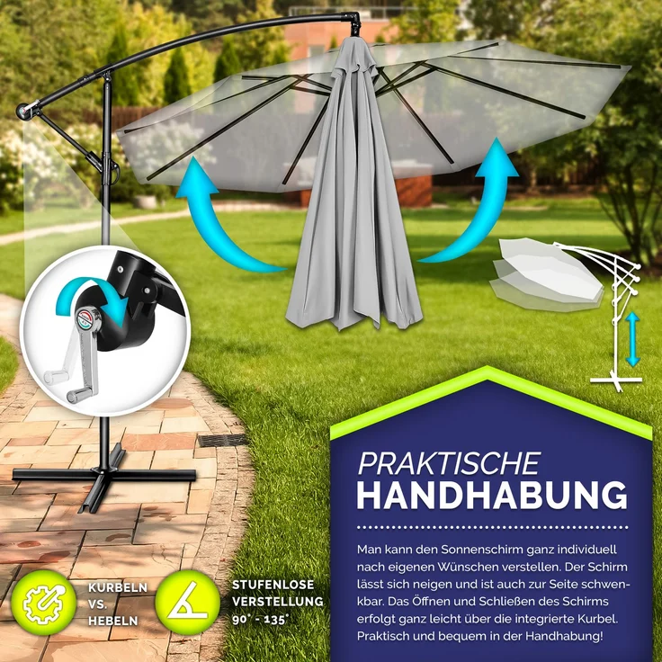 tillvex Sonnenschirm Grau Ø 350 cm Ampelschirm Gartenschirm Marktschirm Kurbel Balkon Alu Neigbar Grau - Ø350cm – Bild 3