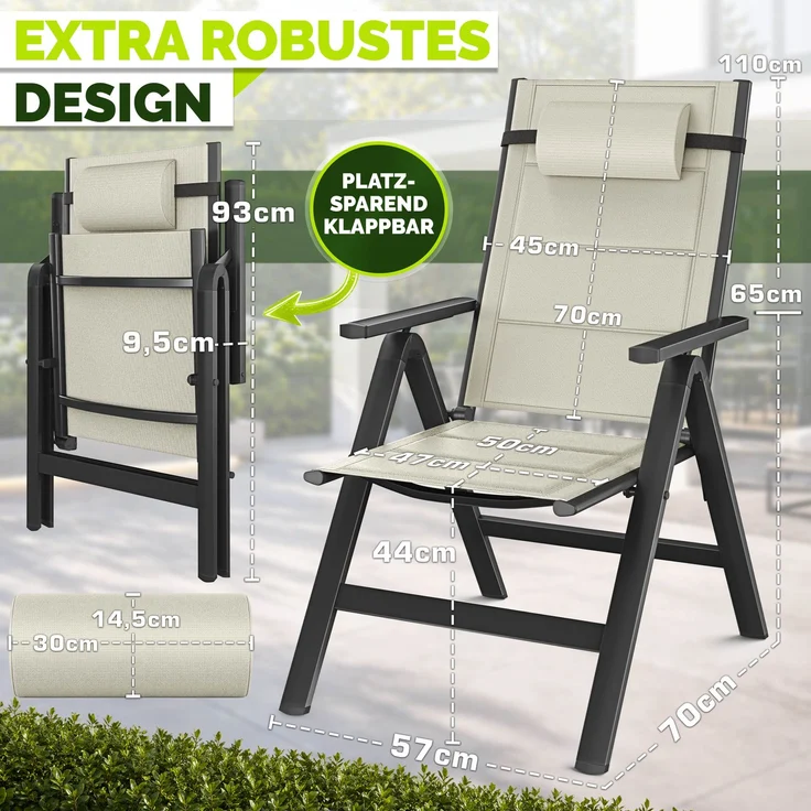 tillvex Gartenstuhl mit Polster Premium 6 Stück Beige klappbar aus Aluminium | Hochlehner mit Armlehnen | Klappstuhl verstellbar | Klappsessel Balkon Garten Terrasse – Bild 2