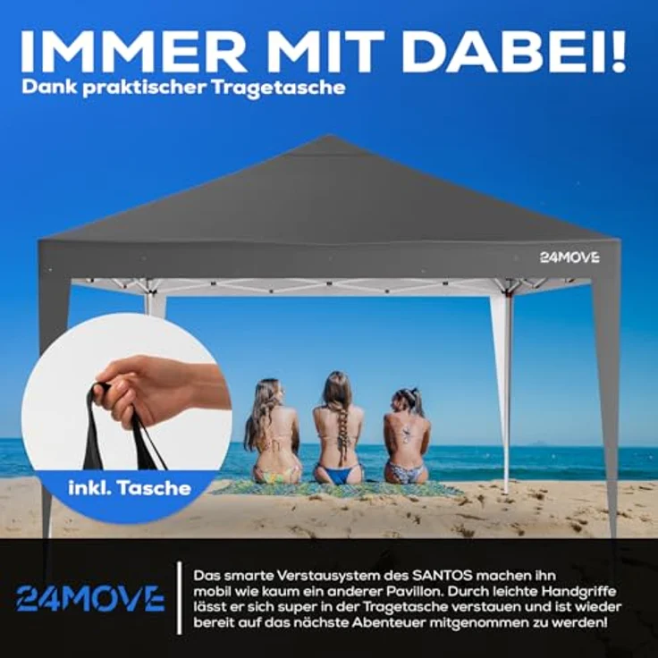 24Move Pavillon Faltpavillon SANTOS, 3x3M grau, klappbar, höhenverstellbar, wasserdicht, UV-Schutz, inkl. Tasche und 8 Heringen – Bild 7