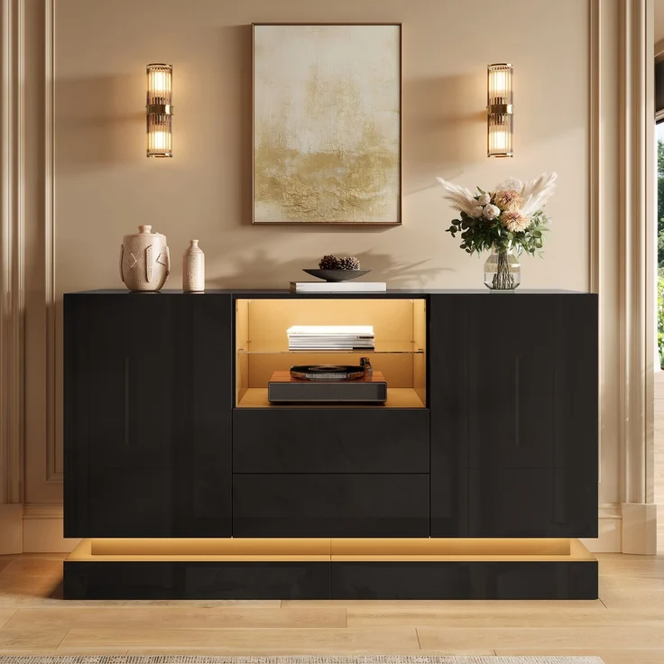 Sideboard 140x40x80 cm mit 2 Türen, 2 Schubladen und App-steuerbarer LED-Beleuchtung – Bild 3
