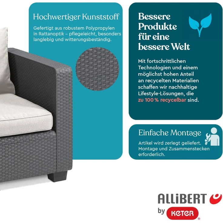 Keter 'Allibert Salta' Gartenlounge, 3-Sitzer, Hocker & Tisch, mit Kissen, Rattanoptik Anthrazit / Sand – Bild 6