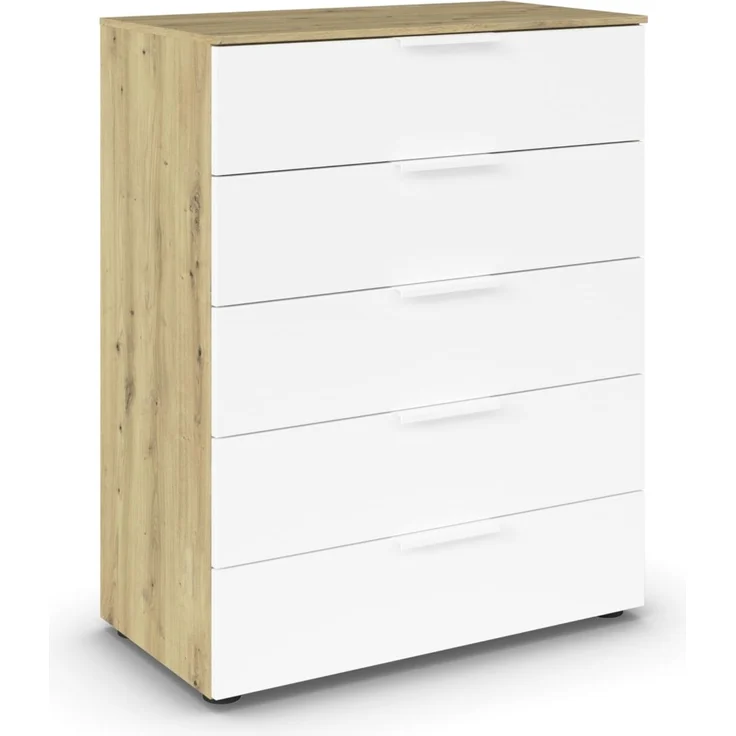 Rauch Möbel Flipp, Kommode für Schlafzimmer, Kinderzimmer, Wohnzimmer, Jugendzimmer, Flur, Garderobe, 5 Schubladen, mit Softclose Funktion, Farbe Eiche Artisan, Holz/Weiß, Breite 80 cm