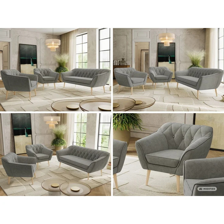 Wohnzimmerset PIRS 1-1-3, Skandinavisches 3-Sitzer Sofa mit Sesseln, Sofa mit Wellenfederung, Buche Füße, Skandinavisches Möbelset - Grau Stukture – Bild 2