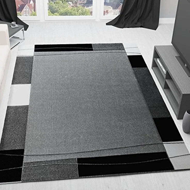 Vimoda Teppich Teppichwohnzimmer Grau Klassiker Kurzflor dicht gewebt, Rechteckig, Höhe: 13 mm, Teppich mit Bordürenmotiv grau weiß schwarz und Konturenschnitt – Bild 2